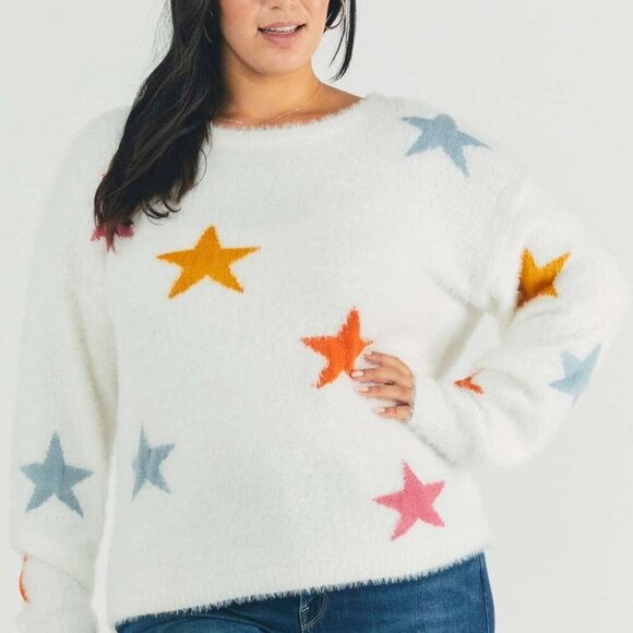 DAVI & DANI Cozy White Fuzzy Knit Sweater with Colorful Star Print, Plus Size - Picture 4 of 8